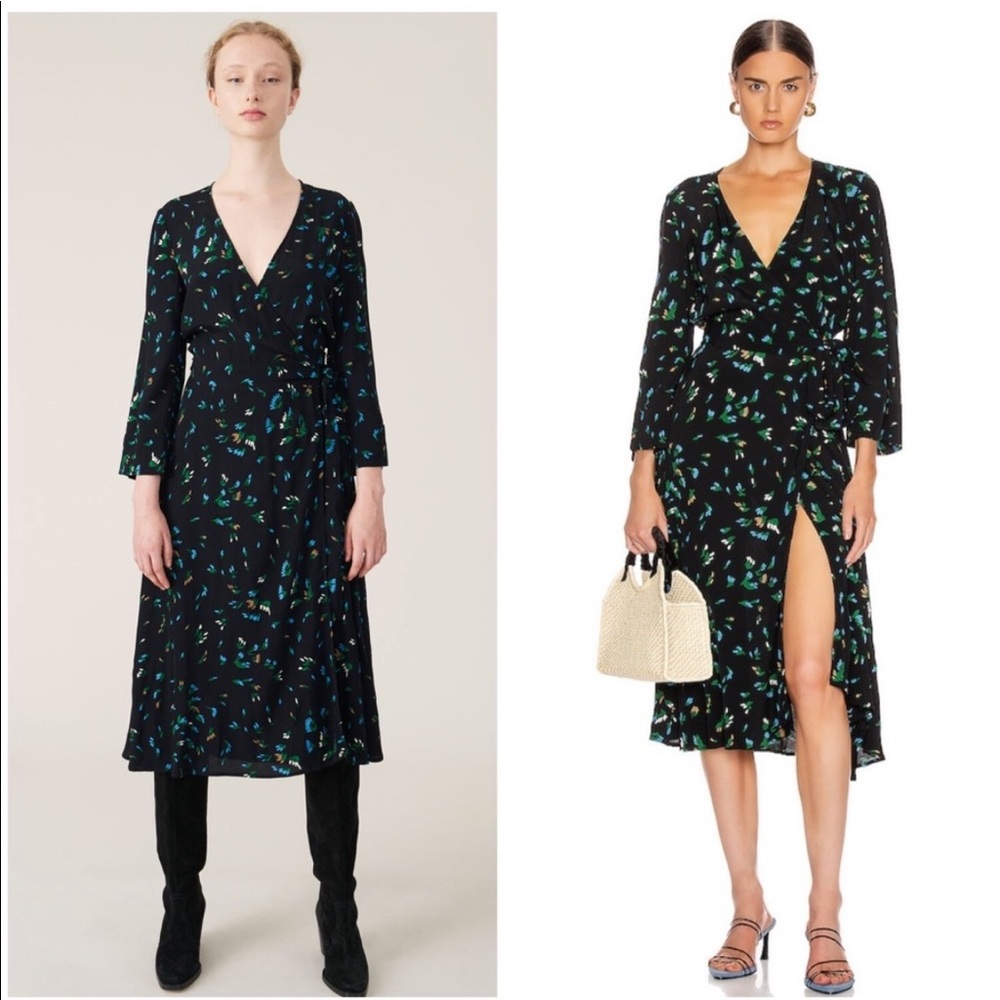 Ganni Black Floral Printed Wrap Dress‎ Midi Length